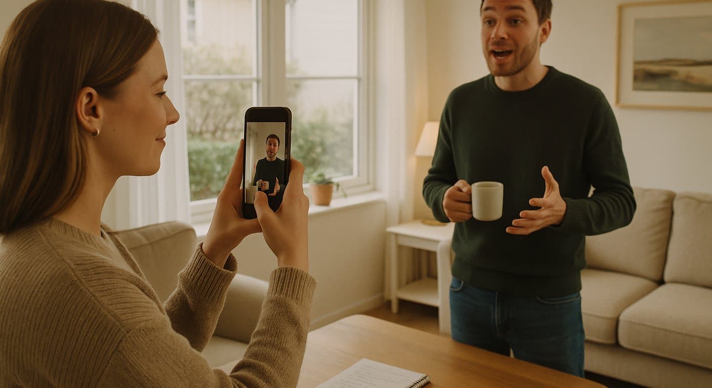To voksne lager en kort video sammen i en lys stue. Den ene filmer med mobiltelefon mens den andre snakker til kameraet, med en notatblokk med stikkord på bordet.