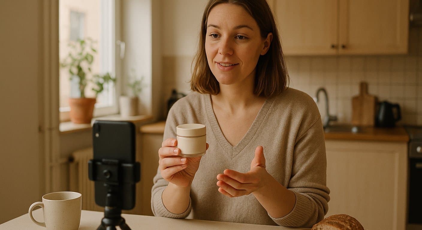 Kvinne filmer en produktvideo med mobiltelefon på stativ ved kjøkkenbenken hjemme.