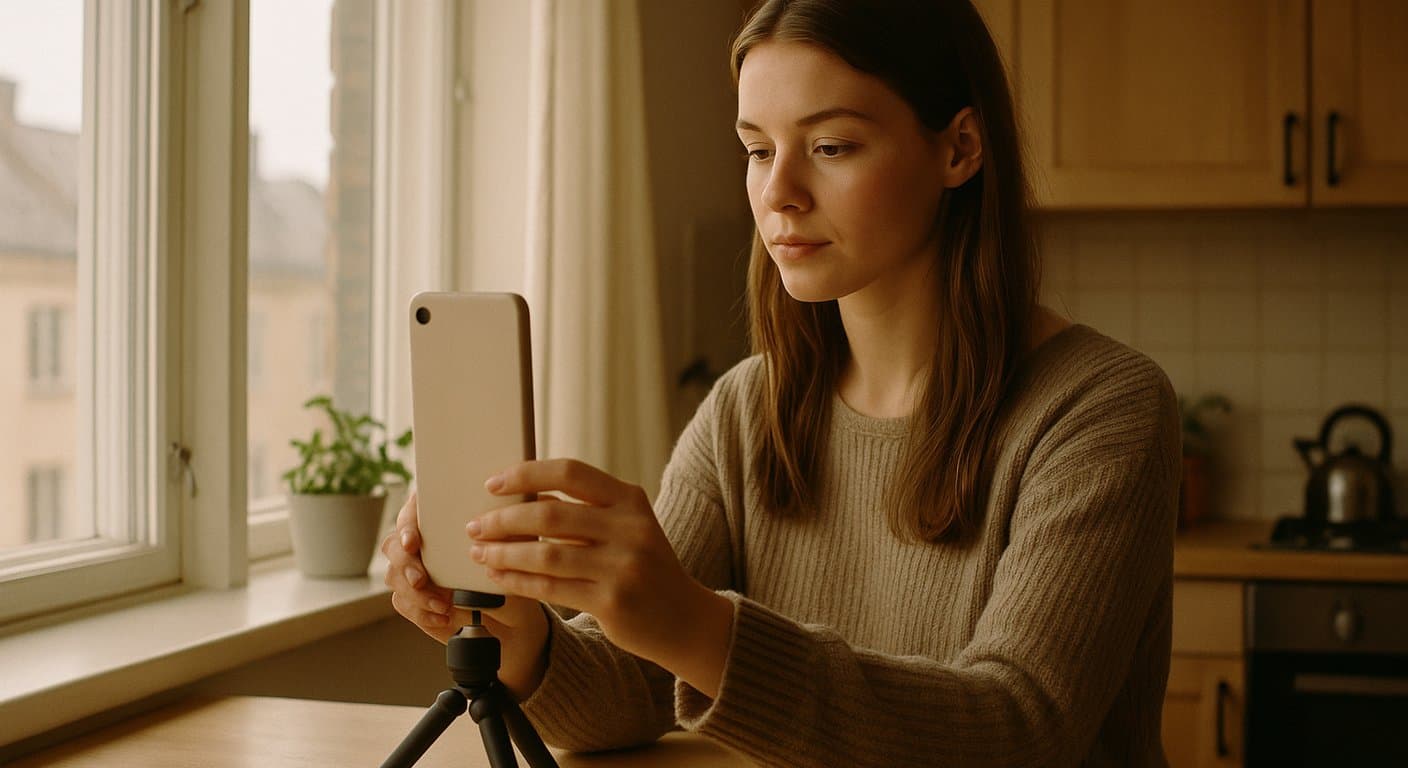 Kvinne filmer seg selv med mobiltelefon som står lent mot en bokstabel på kjøkkenbenken, med mykt dagslys fra vinduet i ansiktet.