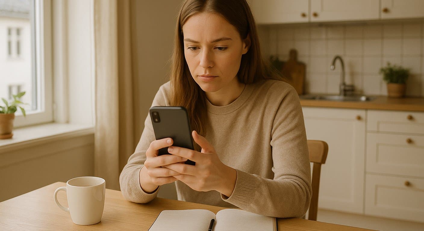 En ung kvinne sitter ved et kjøkkenbord og gjør en kort video klar til publisering på mobiltelefonen, med kaffekopp og notatbok ved siden av seg.
