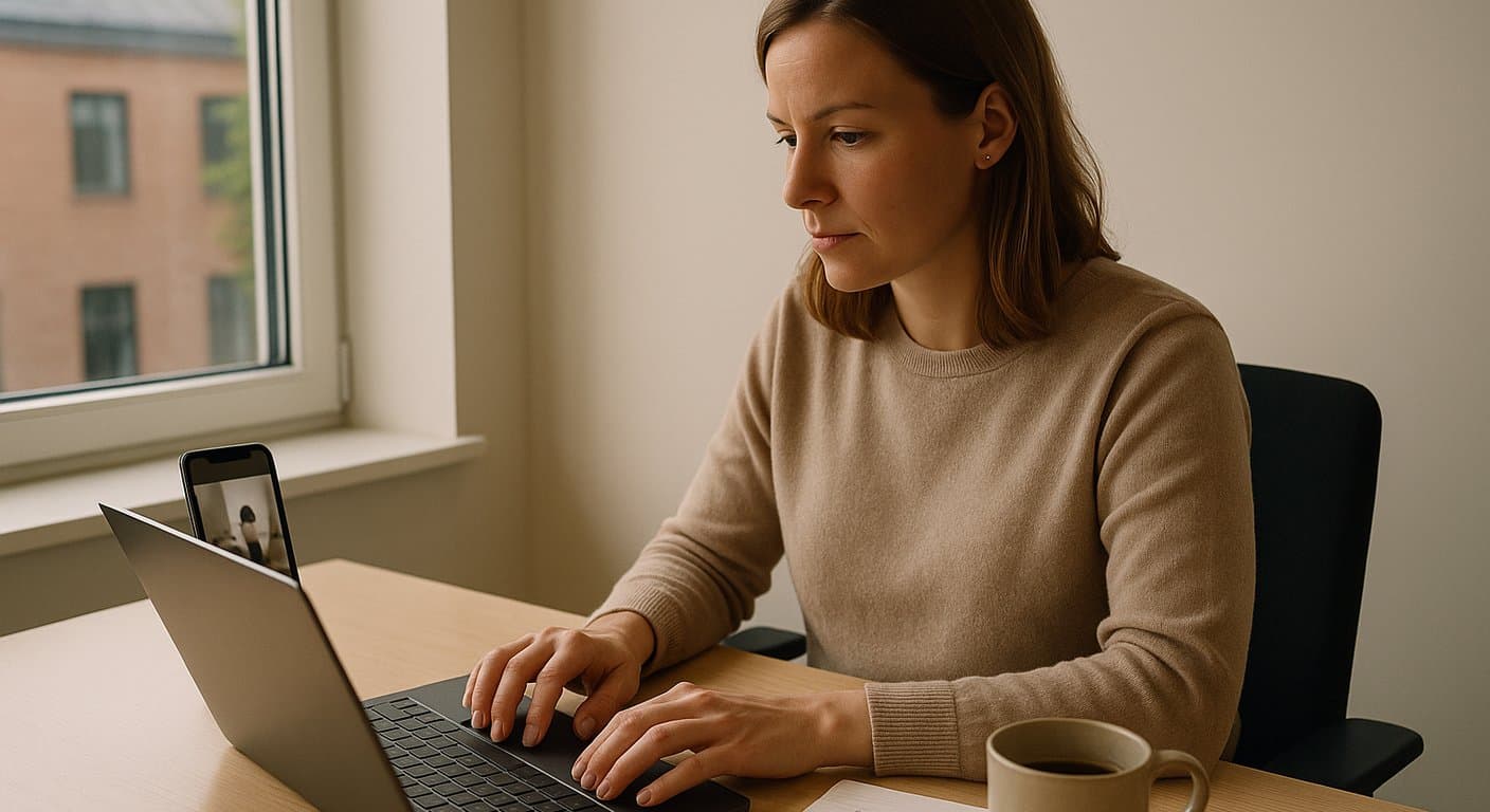 Markedsansvarlig sitter ved et kontorbord og skriver en innholdsbrief på bærbar PC, med en mobiltelefon i stativ som viser en vertikal video ved siden av.