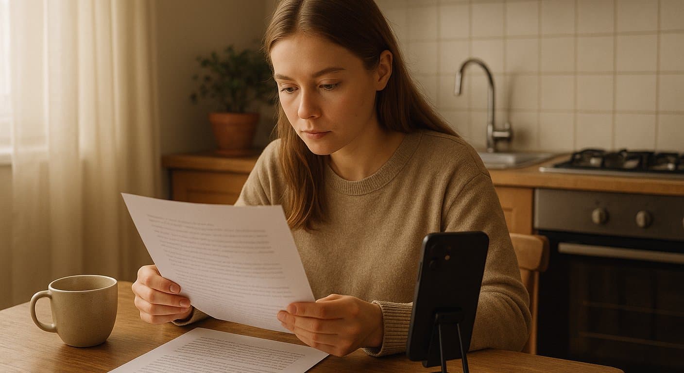 En kvinne ved et kjøkkenbord leser gjennom notater ved siden av en mobiltelefon som står vertikalt på et lite stativ, klar til videoopptak.
